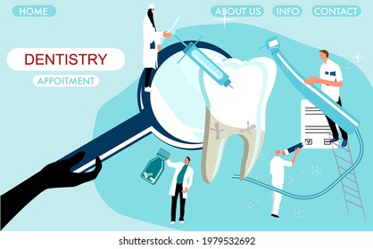 Dental clinic Website template.Tiny doctors holding drill bit and cure huge molar tooth with caries, removing plaque. Medical orthodontic instruments.Oral cavity disease. Service of implantation