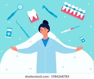 Dental clinic welcoming web banner hero images. Set of medic items collection on background. Positive painless treatment. Flat abstract metaphor cartoon vector illustration concept design.