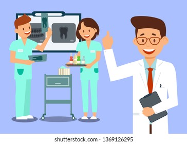 Dental Clinic Workers Flat Vector Illustration. Chief Doctor and Interns Cartoon Characters. Dentist in White Coat and Assistant, Nurse. Stomatology, Radiology Room, X ray Photographs Examination