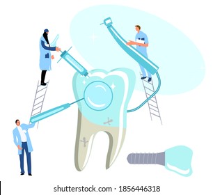 Dental clinic.Tiny doctors holding drill bit and cure huge molar tooth with caries, removing plaque. Medical orthodontic instruments.Oral cavity disease. Dentistry service with implants.Vector