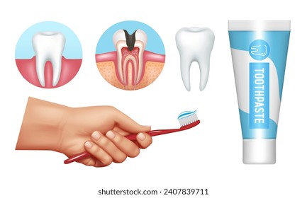 Conjunto de clipart dental. Diente, pasta dental, mano con cepillo de dientes. Conjunto de vectores.