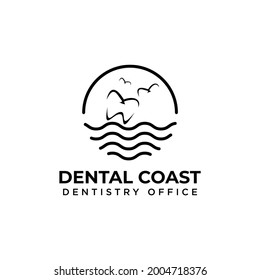 Dental Coast  logo,  vintage modern line art seagull  wave and sun vector