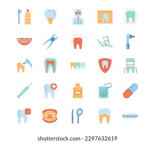 Zahnfarbige Symbole gesetzt. Spiegel, Spritze und andere zahnmedizinische Ausrüstung für die orale Pflege. Wohnraum und Mundpflege, Gesundheitswesen. Zähne und Mund. Cartoon-FlachVektorgrafiken einzeln auf weißem Hintergrund