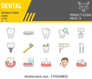 Dental color line icon set, dentistry collection, vector sketches, logo illustrations, orthodontics icons, stomatology clinic signs filled outline pictograms, editable stroke