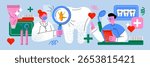 Dental composition with characters in retro cartoon style. Medical set: dentists, tooth, magnifying glass, instruments, tablet, toothbrush, hearts. Illustration in doodle style, healthcare concept.