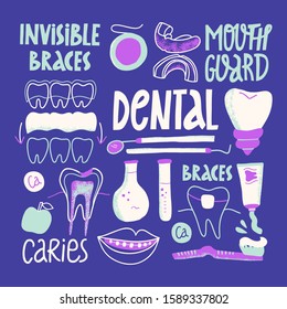 Dental concept background. Mouthguard. Orthodontic silicone trainer. Invisible braces aligner. Human teeth or dentures. Hand-drawn cartoon illustration.