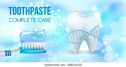 Dental concept .Healthy Tooth.Oral health ads.Blue plastic toothbrush with toothpaste.3D, realistic,dna structure, Dental design element for advertising, brochures and educational literature,vector 