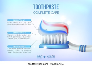 Dental concept infographic.Blue plastic toothbrush with toothpaste.3D, realistic, Dental design element for advertising, brochures, banners and educational literature,vector illustration