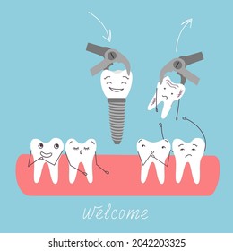 Dental concept, removal of a sick tooth and installation of an tooth implant in the gum