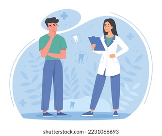 Dental consultation concept. Man puts hand on his cheek and listens to advice from woman in medical gown. Physician and specialist. Health care and oral hygiene. Cartoon flat vector illustration