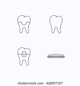 Dental crown, braces and tooth icons. Stomatology linear sign. Flat linear icons on white background. Vector