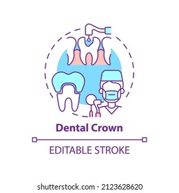 Dental Crown Concept Icon. Cosmetic Dentistry Type Abstract Idea Thin Line Illustration. Long Term Tooth Restoration. Isolated Outline Drawing. Editable Stroke. Arial, Myriad Pro-Bold Fonts Used