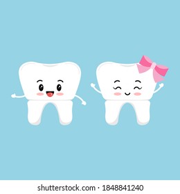 Dental crown cute tooth icon set isolated on background. Cute smilling teeth with crown prosthesis boy and girl sign. Vector flat design cartoon style baby dentistry character illustration.