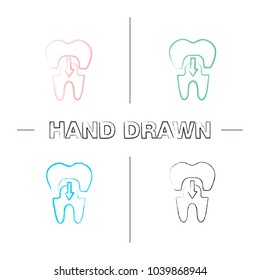 Dental crown with down arrow hand drawn icons set. Tooth restoration. Color brush stroke. Isolated vector sketchy illustrations