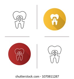 Dental crown with down arrow icon. Tooth restoration. Flat design, linear and color styles. Isolated vector illustrations