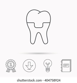 Dental crown icon. Tooth prosthesis sign. Download arrow, lamp, learn book and award medal icons.