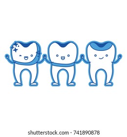 dental crown and implant and restored teeth cartoon holding hands in blue silhouette vector illustration