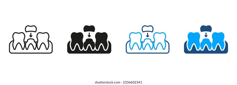 Juego de silueta de corona dental, de dentadura ortodoncia y de iconos de línea. Protección Médica Dientes. Colección de símbolos de cuidado oral. Corona Diente, Implante. Signo de tratamiento dental. Ilustración de vectores aislados.