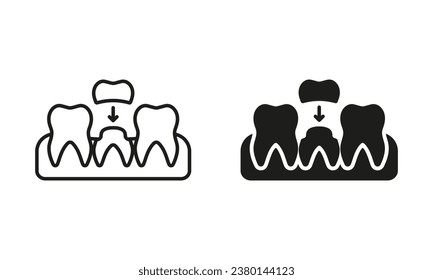 Dental Crown, Orthodontic Denture Silhouette and Line Icon Set. Tooth Crown, Implant. Teeth Medical Protection. Dental Treatment Sign. Oral Care Black Symbol Collection. Isolated Vector Illustration.