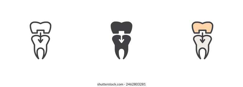 Dental crown and tooth different style icon set. Line, glyph and filled outline colorful version, outline and filled vector sign. Symbol, logo illustration. Vector graphics