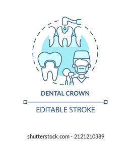 Icono de concepto de la corona dental de color turquesa. Ilustración de línea delgada de idea abstracta de tipo odontológico cosmético. Sustitución de dientes perdidos. Dibujo de contorno aislado. Trazo editable. Fuentes Arial, Myriad Pro-Bold utilizadas