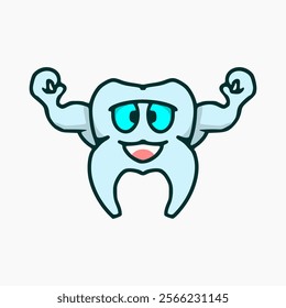 dental crown vector design with power pose. mascot design in blue on a white background