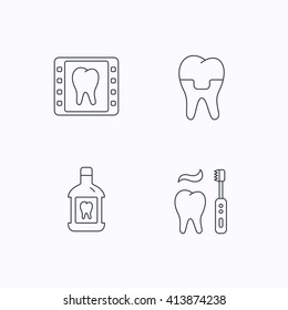 Dental crown, x-ray and brushing teeth icons. Mouthwash linear sign. Flat linear icons on white background. Vector