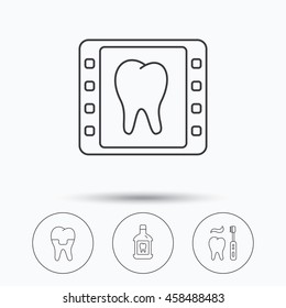 Dental crown, x-ray and brushing teeth icons. Mouthwash linear sign. Linear icons in circle buttons. Flat web symbols. Vector