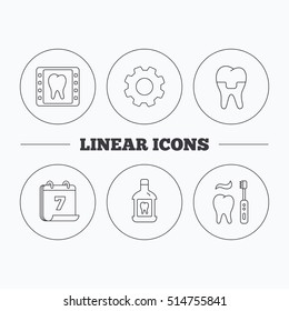 Dental crown, x-ray and brushing teeth icons. Mouthwash linear sign. Flat cogwheel and calendar symbols. Linear icons in circle buttons. Vector