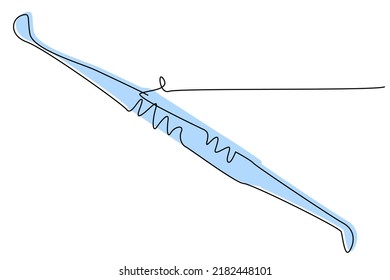 Dental curette, apparatus for the dentist, instrument for dentistry, care of the oral cavity. Color drawing in one line style, vector on a white background. For medical textbooks, brochures, packages.