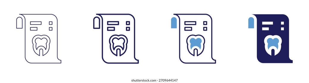 Icono de prótesis dentales en 4 estilos diferentes. Línea delgada, línea, línea en negrita, duotono. Estilo duotono. Trazo editable.