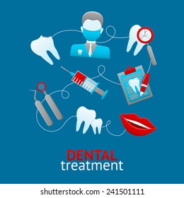 Dental design concept with stomatology treatment teeth healthcare elements vector illustration