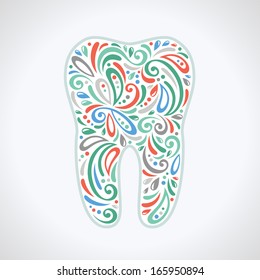 Dental design, tooth made up from pattern. Doodles. Vector illustration. Colorful abstract icon. Blue, red, turquoise and grey colors.