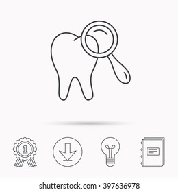 Dental diagnostic icon. Tooth hygiene sign. Download arrow, lamp, learn book and award medal icons.