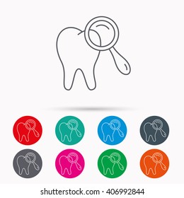 Dental diagnostic icon. Tooth hygiene sign. Linear icons in circles on white background.