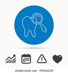Dental diagnostic icon. Tooth hygiene sign. Calendar, attention sign and growth chart. Button with web icon. Vector