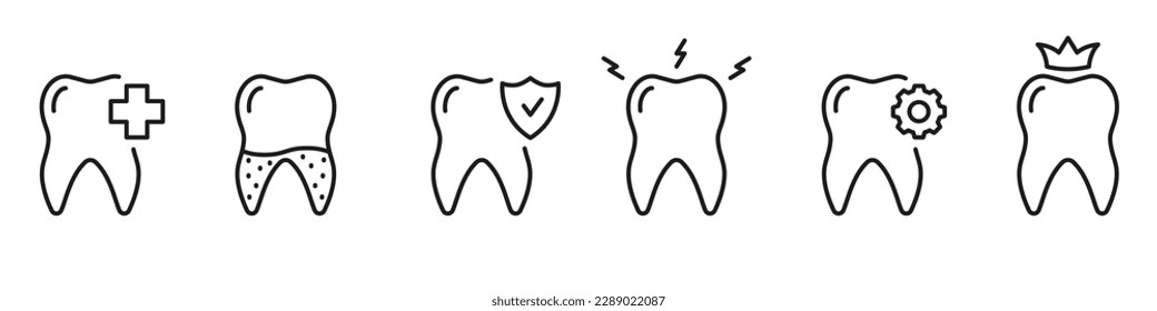 Dental Diagnostic Line Icon Set. Toothache, Tooth Calculus, Teeth Repair Linear Pictogram. Dental Crown, Oral Care. Dentistry Symbol. Dental Treatment. Editable Stroke. Isolated Vector Illustration.