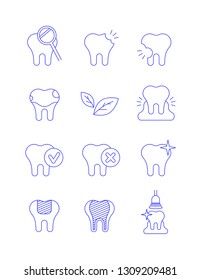 Dental diseases and treatment thin line vector icons. Caries, stained teeth, gingivitis symbols. Chek marks on tooth, whitening, filling, professional hygiene concepts.