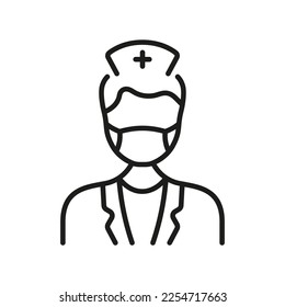 Dental Doctor in Face Mask Linear Pictogram. Physician Specialist, Orthodontist, Endodontist Outline Symbol. Dentist Man Line Icon. Dental Surgeon Sign. Editable Stroke. Isolated Vector Illustration.