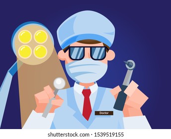 dental doctor operation view from patient, scary dentist imagination kids flat illustration concept vector
