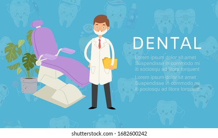 Dental doctor, stomatology cabinet for dental health care chair and stomatologist man cartoon vector illustration for dentist cabinet. Dental care poster for kids, funny dentistry.