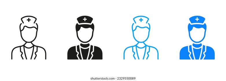 Dental Doctor Symbol. Nurse Man Silhouette and Line Icon Set. Physician Specialist, Orthodontist, Endodontist Black Pictogram Collection. Dental Surgeon Sign. Isolated Vector Illustration.