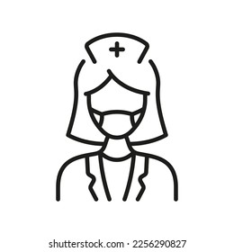 Dental Doctor Woman in Face Mask Line Icon. Female Dentist Linear Pictogram. Dental Surgeon Sign. Physician, Orthodontist, Endodontist Outline Symbol. Editable Stroke. Isolated Vector Illustration.