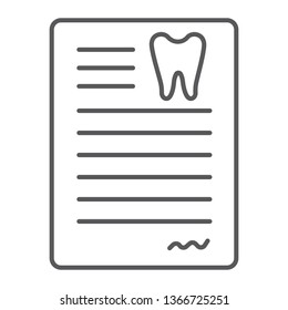 Dental document thin line icon, dentist and paper, dental card sign, vector graphics, a linear pattern on a white background, eps 10.