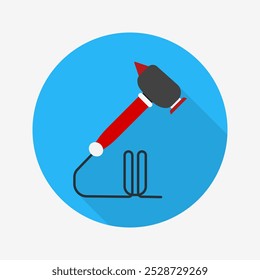 Icono plano del taladro dental aislado en el fondo coloreado circular con la sombra larga. Para signos, símbolos, infografías, presentaciones o Web.