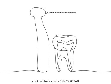 Dental drill and molar with a nerve inside. Dental treatment. One line drawing for different uses. Vector illustration.