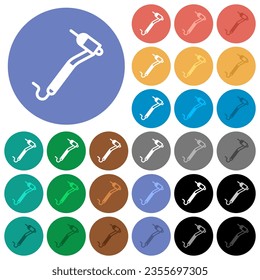 Dental drill multi colored flat icons on round backgrounds. Included white, light and dark icon variations for hover and active status effects, and bonus shades.
