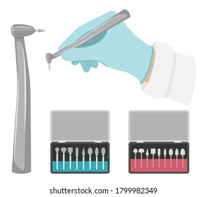 Dental drill and a set of cutters for it. The hand holds drill with a grinding nozzle.Different attachments for dental care,cleaning and treatment.Vector illustration in flat style. Isolated on white.