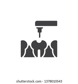 Dental drill and teeth vector icon. Caries treatment filled flat sign for mobile concept and web design. Tooth treating with drill glyph icon. Symbol, logo illustration. Pixel perfect vector graphics