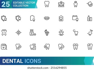 Dental editable stroke outline Icons set. Dentist, care, disease, teeth whitening, removal, broken, root canal, tooth filling and wisdom teeth. Linear icon collection. Vector illustration